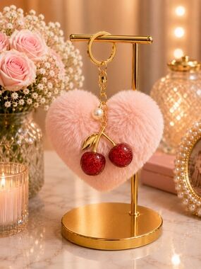 Pink Heart Pom-Pom Keychain with Red Cherry Charm